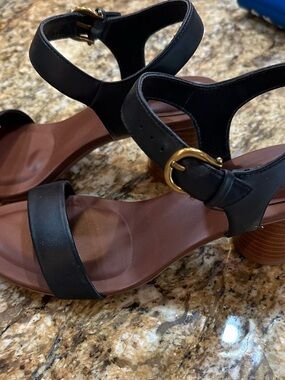 Giani Bernini Black Leather Ankle Strap Block Heel Sandals with Gold Buckle